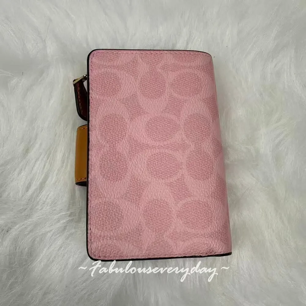 Coach Medium Corner Zip Wallet In Signature Canvas Gold/Powder Pink CEC29 NWT